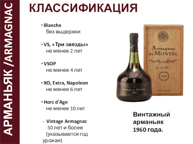 АРМАНЬЯК /ARMAGNAC КЛАССИФИКАЦИЯ Blanche без выдержки VS, «Три звезды» не