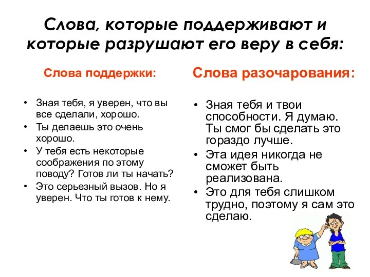 Слова, которые поддерживают и которые разрушают его веру в себя: Слова поддержки: Зная