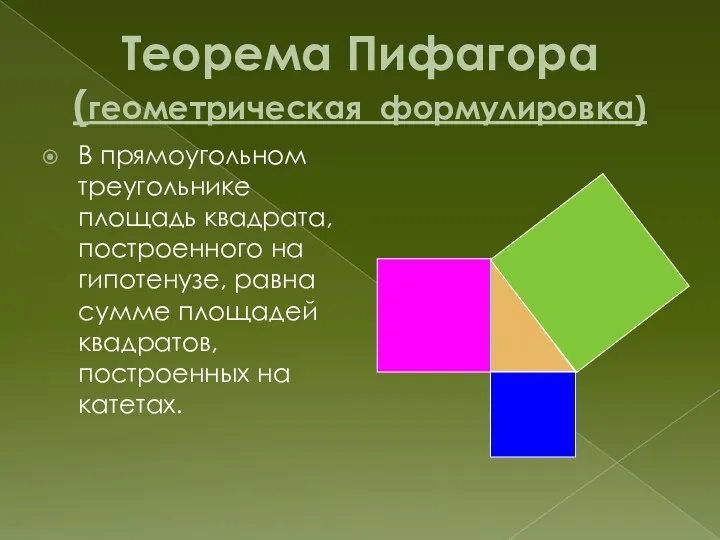 Теорема Пифагора (геометрическая формулировка) В прямоугольном треугольнике площадь квадрата, построенного на гипотенузе, равна