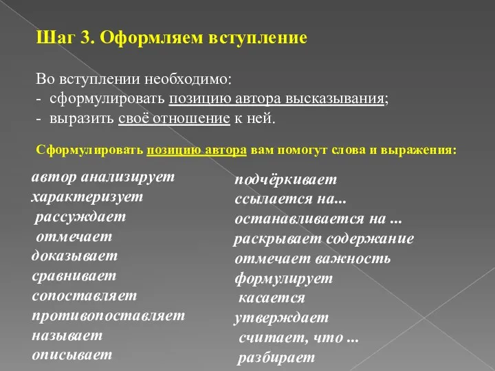 Шаг 3. Оформляем вступление Во вступлении необходимо: - сформулировать позицию