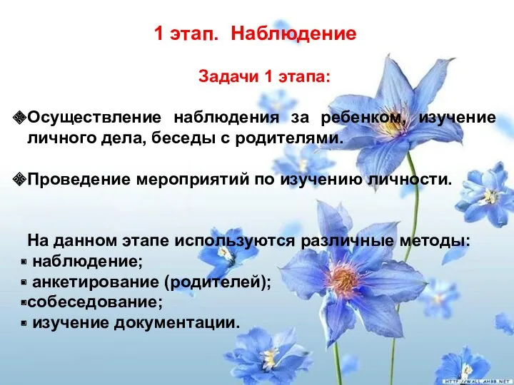 Задачи 1 этапа: Осуществление наблюдения за ребенком, изучение личного дела,