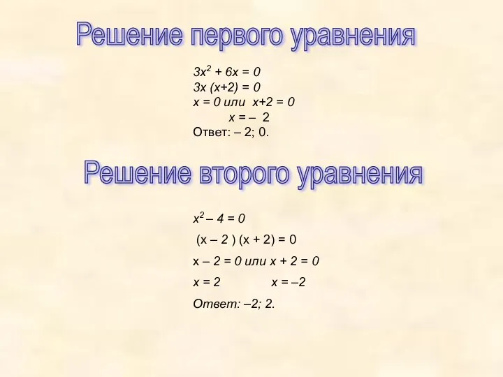 Решение первого уравнения 3х2 + 6х = 0 3х (х+2) = 0 х