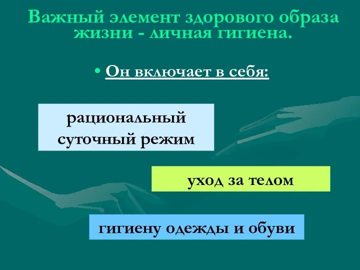 Важный элемент здорового образа жизни - личная гигиена. Он включает в себя: гигиену