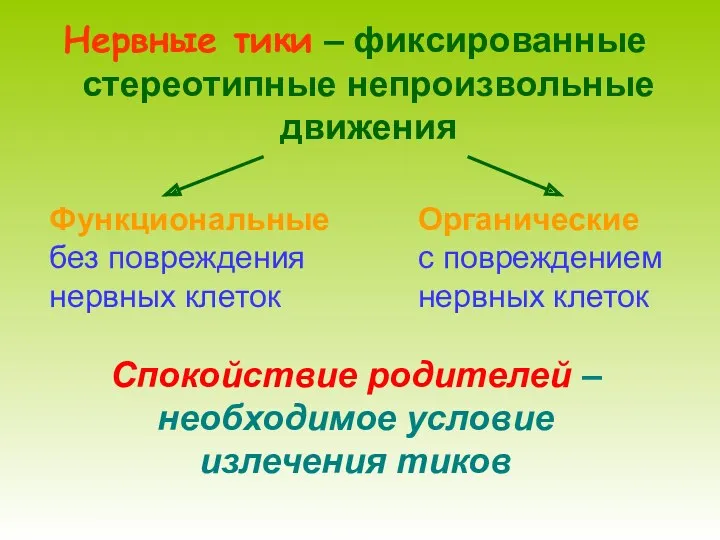 Нервные тики – фиксированные стереотипные непроизвольные движения Спокойствие родителей –