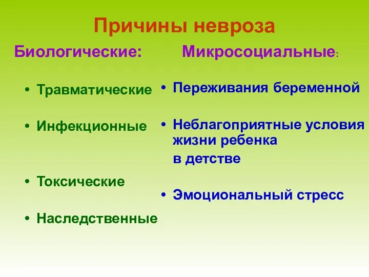 Причины невроза Травматические Инфекционные Токсические Наследственные Переживания беременной Неблагоприятные условия