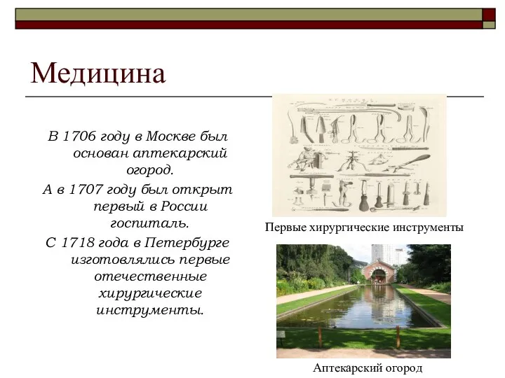 Медицина В 1706 году в Москве был основан аптекарский огород.