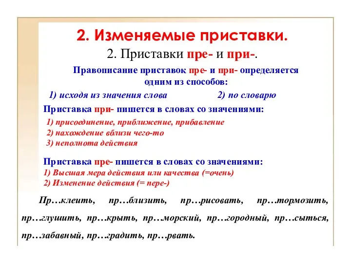 2. Приставки пре- и при-. 1) исходя из значения слова