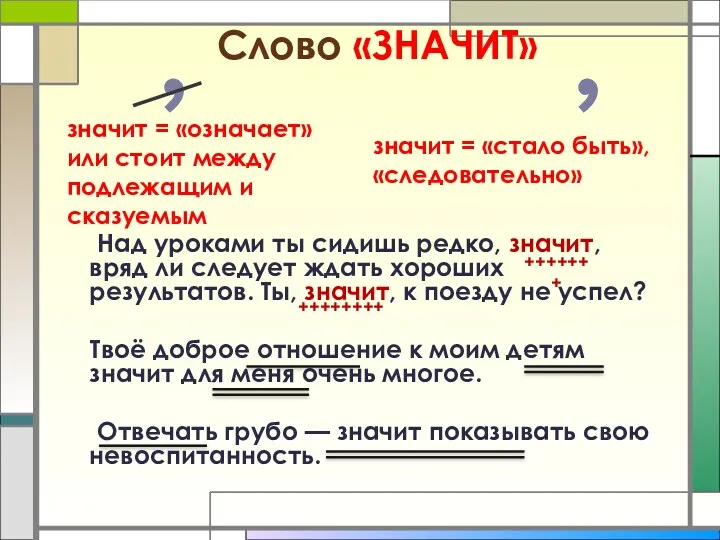 Слово «ЗНАЧИТ» Над уроками ты сидишь редко, значит, вряд ли