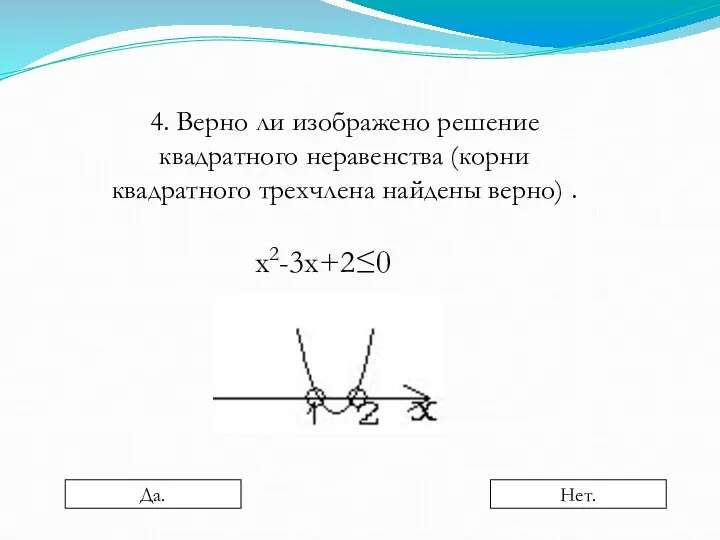 4. Верно ли изображено решение квадратного неравенства (корни квадратного трехчлена найдены верно) . х2-3х+2≤0 Да. Нет.