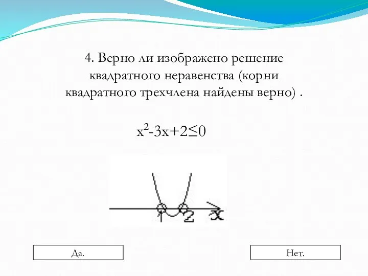 4. Верно ли изображено решение квадратного неравенства (корни квадратного трехчлена найдены верно) . х2-3х+2≤0 Да. Нет.