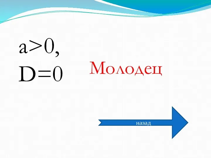 a>0, D=0 Молодец назад