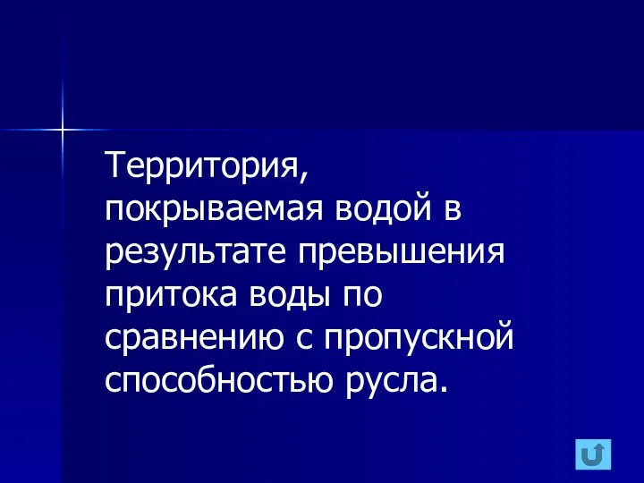 Территория, покрываемая водой в результате превышения притока воды по сравнению с пропускной способ­ностью русла.