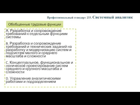 А. Разработка и сопровождение требований к отдельным функциям системы B.