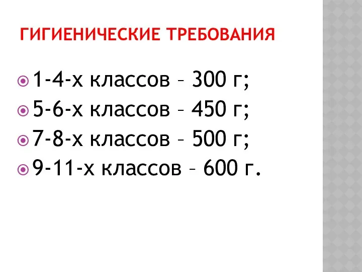 Гигиенические требования 1-4-х классов – 300 г; 5-6-х классов –