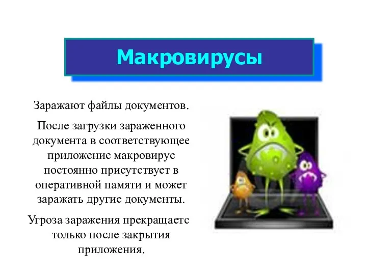 Макровирусы Заражают файлы документов. После загрузки зараженного документа в соответствующее