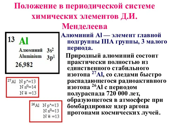 Положение в периодической системе химических элементов Д.И.Менделеева Алюминий Аl —