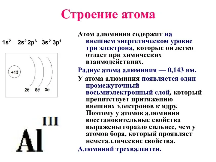 Строение атома 1s2 2s2 2p6 3s2 3p1 Атом алюминия содержит