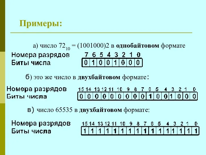 Примеры: а) число 7210 = (1001000)2 в однобайтовом формате б)