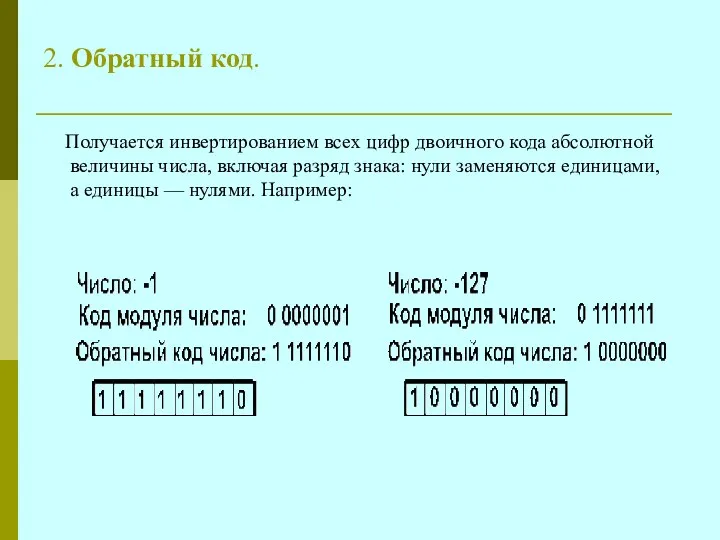 2. Обратный код. Получается инвертированием всех цифр двоичного кода абсолютной