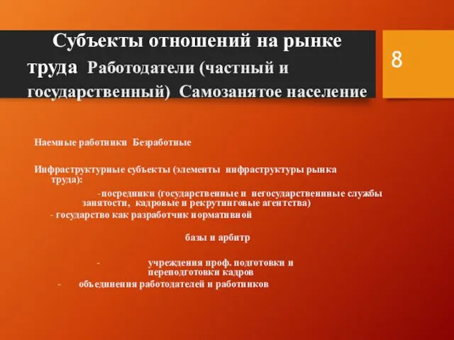 Субъекты отношений на рынке труда Работодатели (частный и государственный) Самозанятое