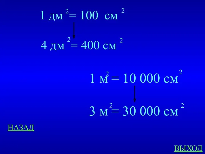 НАЗАД ВЫХОД 1 дм = 100 см 4 дм =