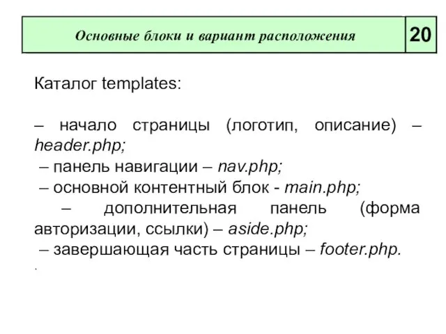 Основные блоки и вариант расположения 20 Каталог templates: – начало