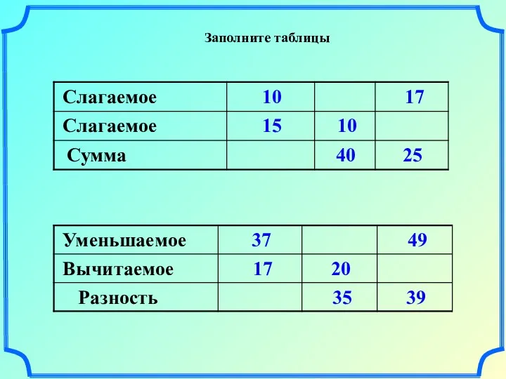 Заполните таблицы