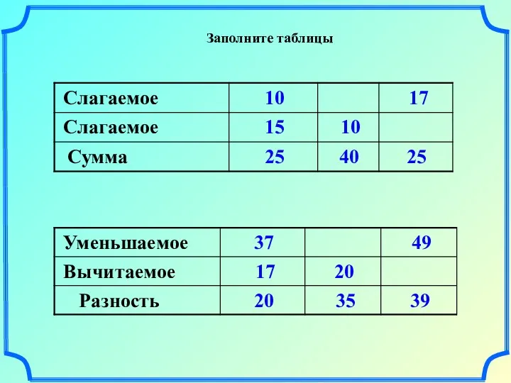 Заполните таблицы