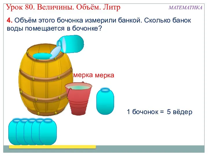 4. Объём этого бочонка измерили банкой. Сколько банок воды помещается