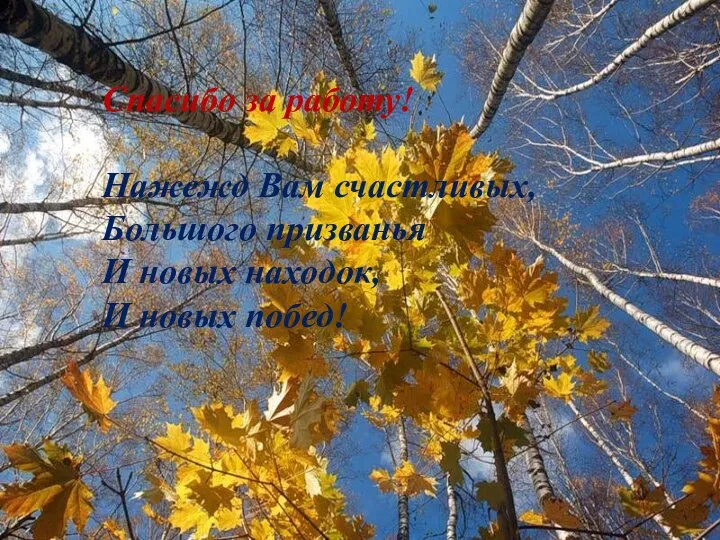 Спасибо за работу! Нажежд Вам счастливых, Большого призванья И новых находок, И новых побед!