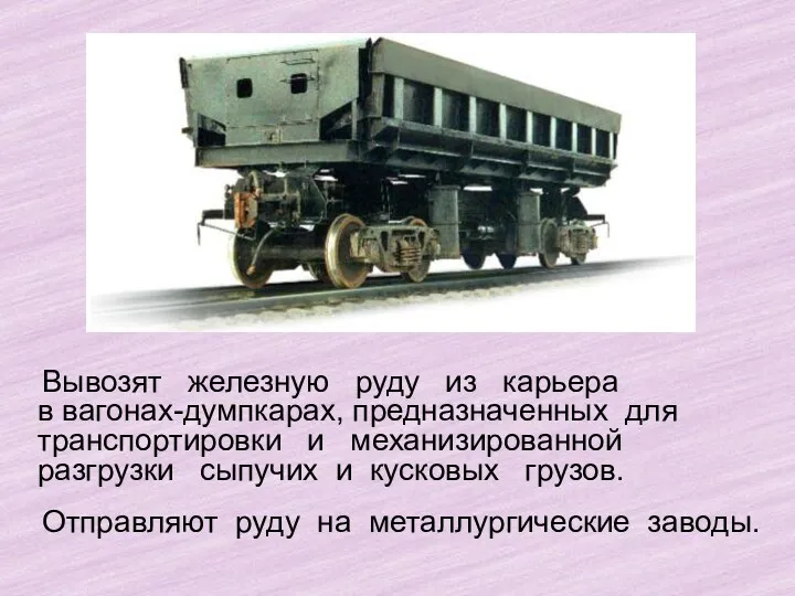 Вывозят железную руду из карьера в вагонах-думпкарах, предназначенных для транспортировки