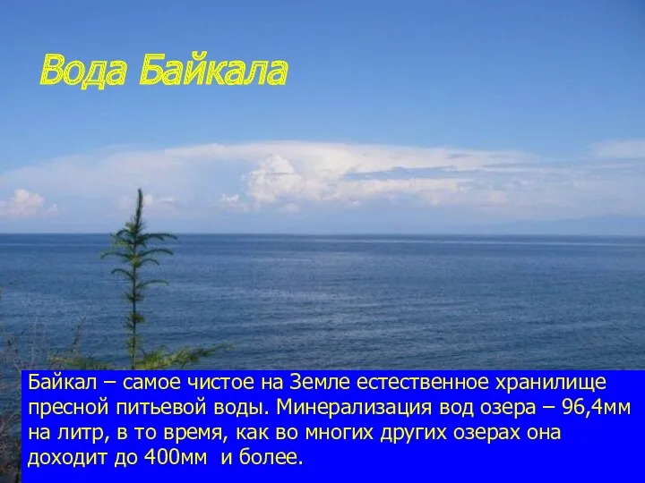 Вода Байкала Байкал – самое чистое на Земле естественное хранилище пресной питьевой воды.