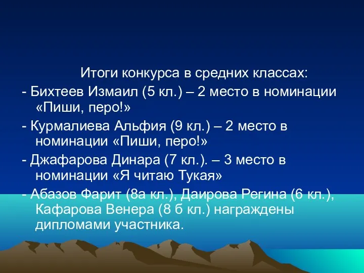 Итоги конкурса в средних классах: - Бихтеев Измаил (5 кл.)