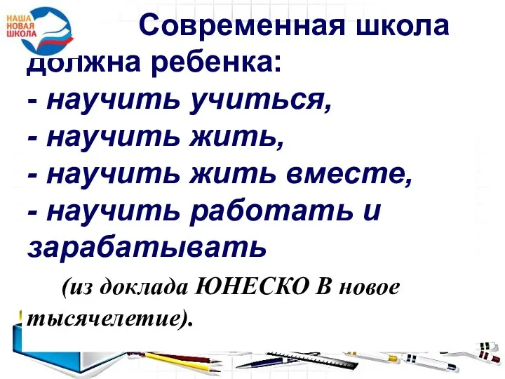 Современная школа должна ребенка: - научить учиться, - научить жить,