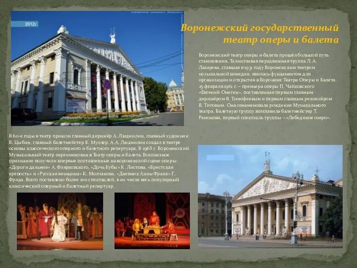 Воронежский театр оперы и балета прошёл большой путь становления. Талантливая