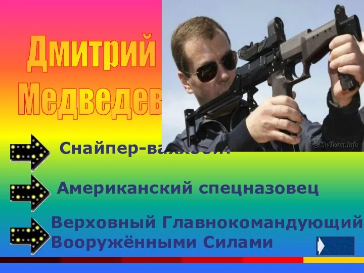 Дмитрий Медведев Снайпер-ваххобит Американский спецназовец Верховный Главнокомандующий Вооружёнными Силами