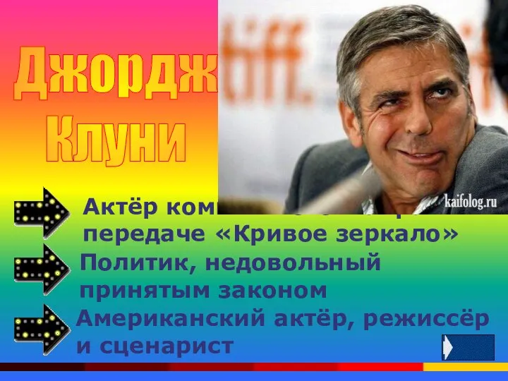 Джордж Клуни Актёр комического жанра в передаче «Кривое зеркало» Политик, недовольный принятым законом