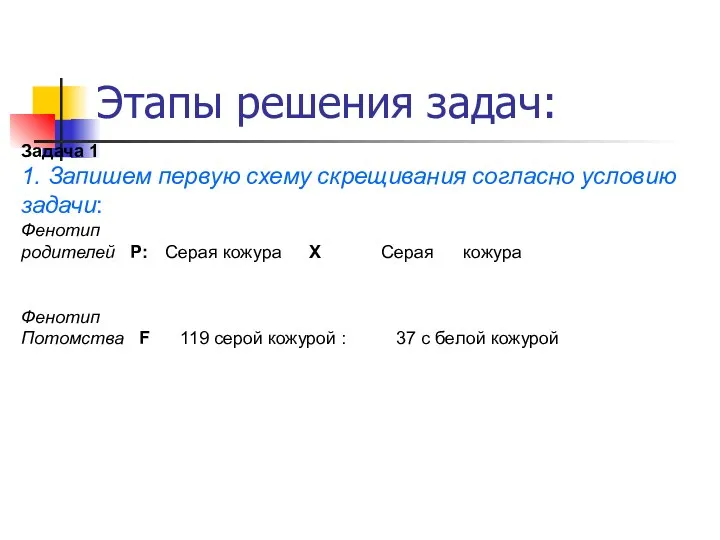 Этапы решения задач: Задача 1 1. Запишем первую схему скрещивания