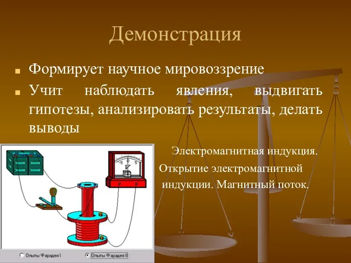 Демонстрация Формирует научное мировоззрение Учит наблюдать явления, выдвигать гипотезы, анализировать