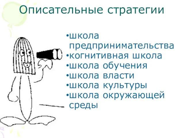 Описательные стратегии школа предпринимательства когнитивная школа школа обучения школа власти школа культуры школа окружающей среды