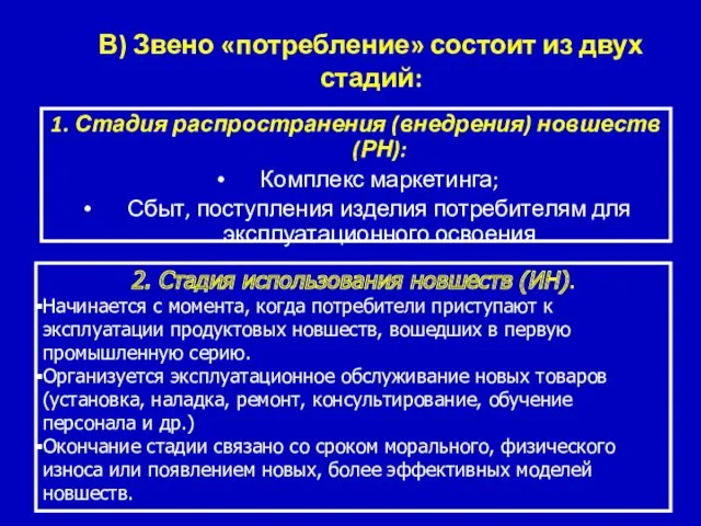 В) Звено «потребление» состоит из двух стадий: 1. Стадия распространения (внедрения) новшеств (РН):