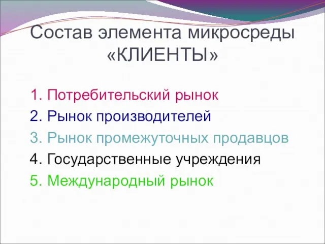 Состав элемента микросреды «КЛИЕНТЫ» 1. Потребительский рынок 2. Рынок производителей