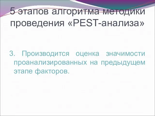 5 этапов алгоритма методики проведения «PEST-анализа» 3. Производится оценка значимости проанализированных на предыдущем этапе факторов.