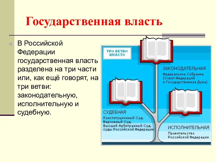 Государственная власть В Российской Федерации государственная власть разделена на три