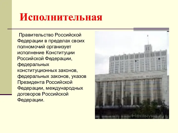 Исполнительная Правительство Российской Федерации в пределах своих полномочий организует исполнение