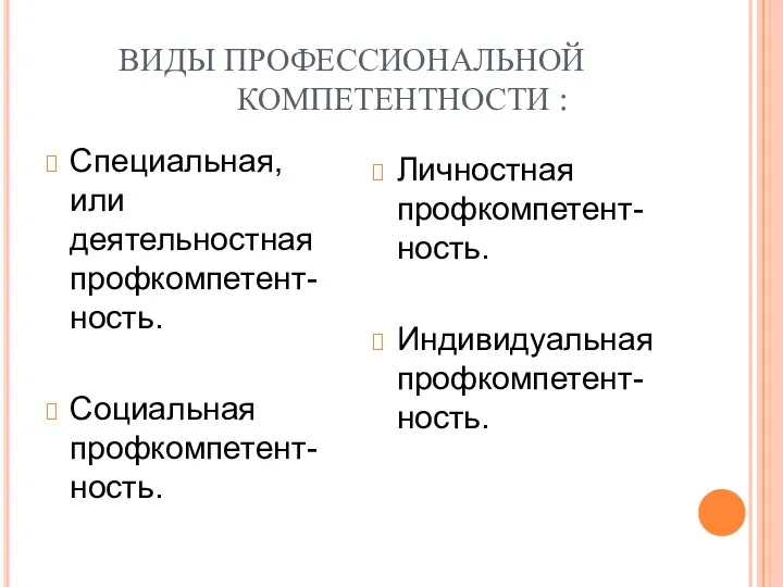 ВИДЫ ПРОФЕССИОНАЛЬНОЙ КОМПЕТЕНТНОСТИ : Специальная, или деятельностная профкомпетент- ность. Социальная профкомпетент-ность. Личностная профкомпетент-ность. Индивидуальная профкомпетент- ность.