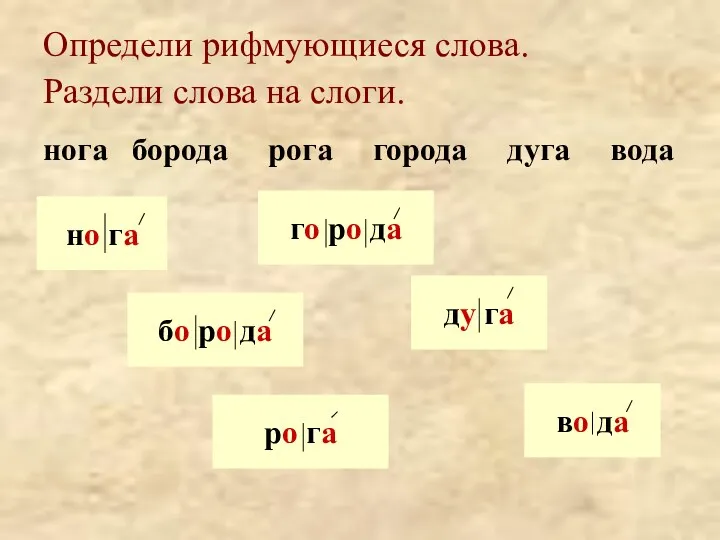 Определи рифмующиеся слова. Раздели слова на слоги. нога борода рога