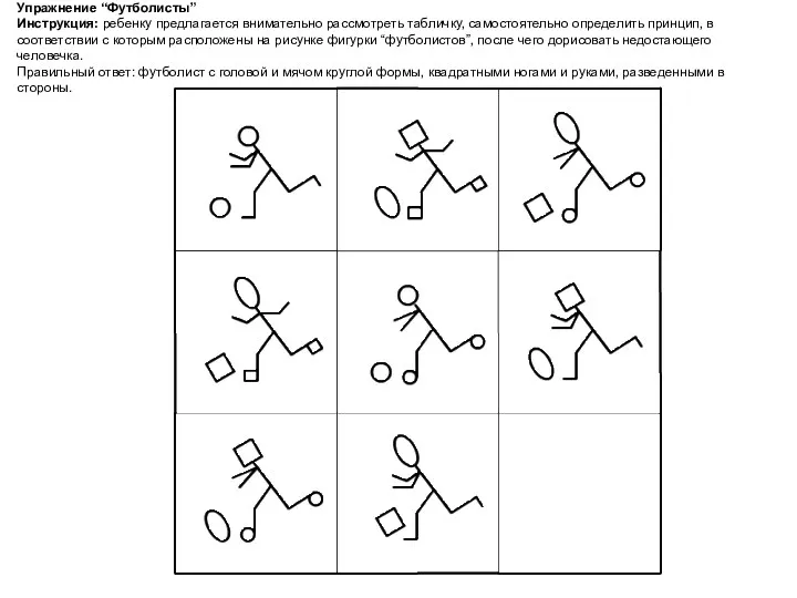 Упражнение “Футболисты” Инструкция: ребенку предлагается внимательно рассмотреть табличку, самостоятельно определить принцип, в соответствии