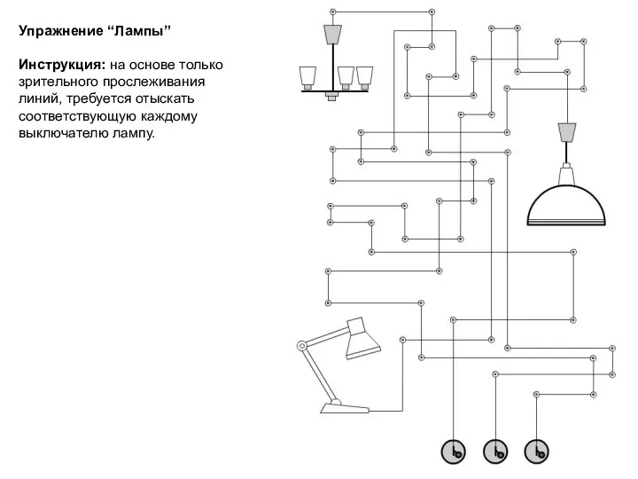 Упражнение “Лампы” Инструкция: на основе только зрительного прослеживания линий, требуется отыскать соответствующую каждому выключателю лампу.