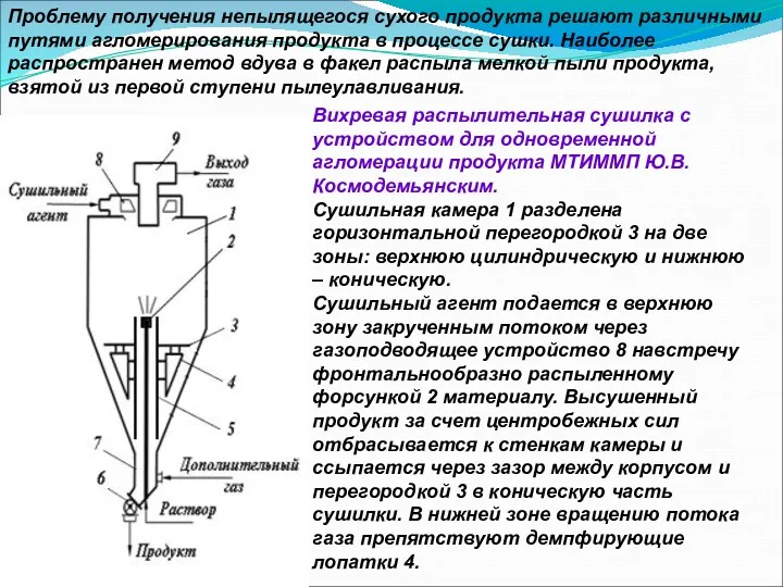 Проблему получения непылящегося сухого продукта решают различными путями агломерирования продукта